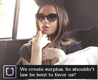 A parody image with a car sharing logo and the caption "We create surplus. So shouldn't law  be bent to favor us?"